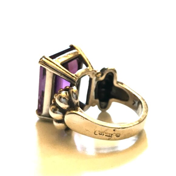 Lagos Glacier Caviar Emerald Cut Amethyst Ring Womens 6 Sterling Silver Gold XL - Picture 8 of 14